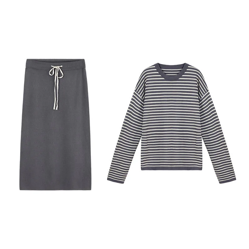 

Nice Autumn Women 2 Piece Set New Cotton Knitted Pullover Fashion Striped Sweater Women's Pencil Dress Bodycon Skirt Set Female