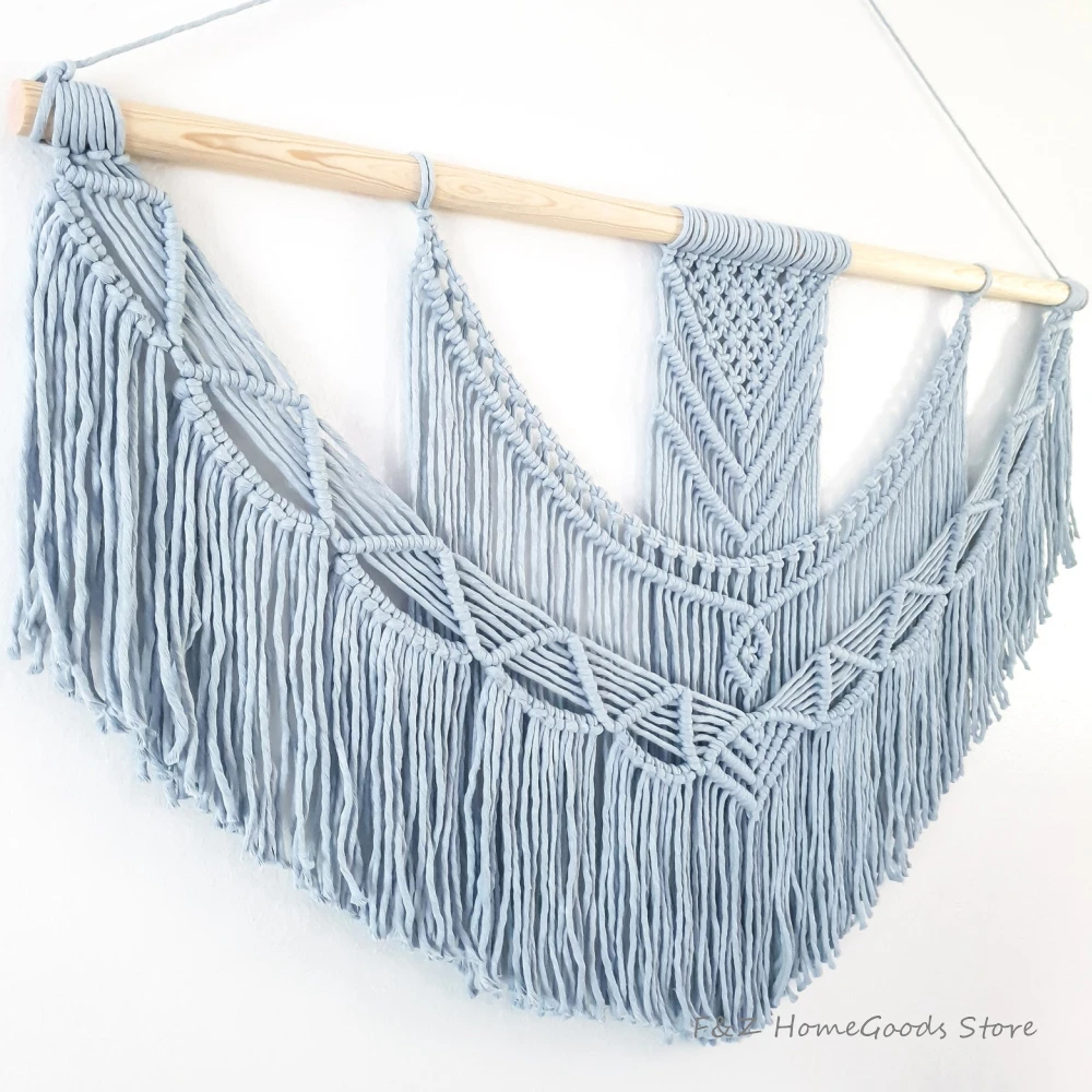 Tapiz colgante de pared de macram&eacute;, tejido a mano, color gris, bohemio, elegante, para decoraci&oacute;n del hogar, sala de estar, apartamento y dormitorio-3