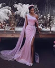 Блестящие вечерние платья-русалки, длинные платья с одним открытым плечом, соблазнительное платье с блестками и разрезом в арабском стиле Дубаи розового цвета для выпускного вечера