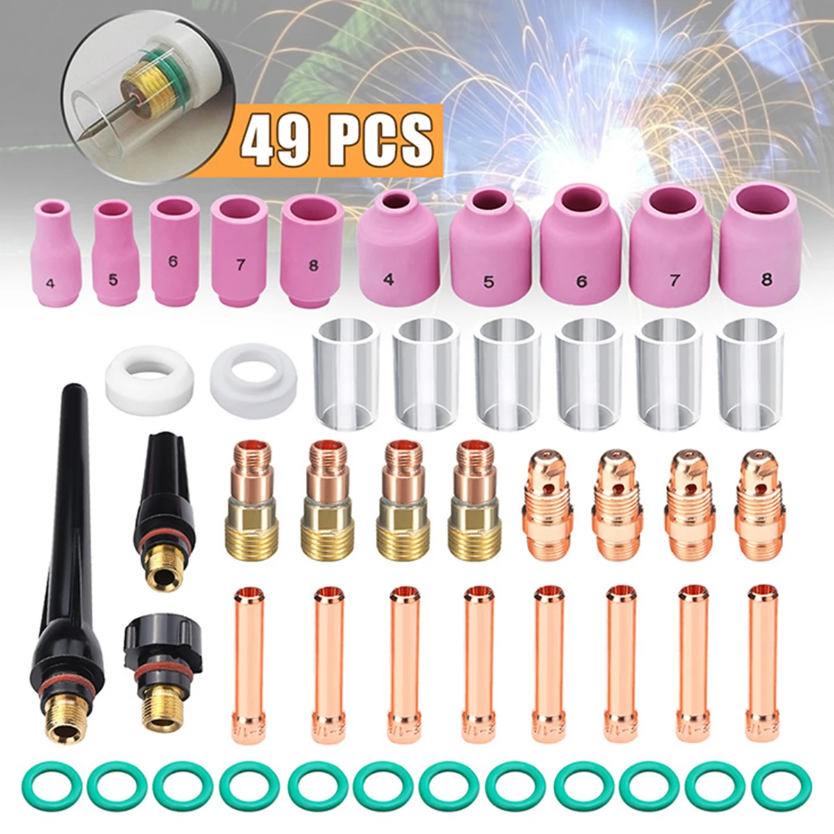 

49pcs TIG Welding Machine Torch Accessories Kit Alumina Nozzle Stubby Gas Lens 10 Pyrex Cup Kit For TIG WP-17/18/26 Tools