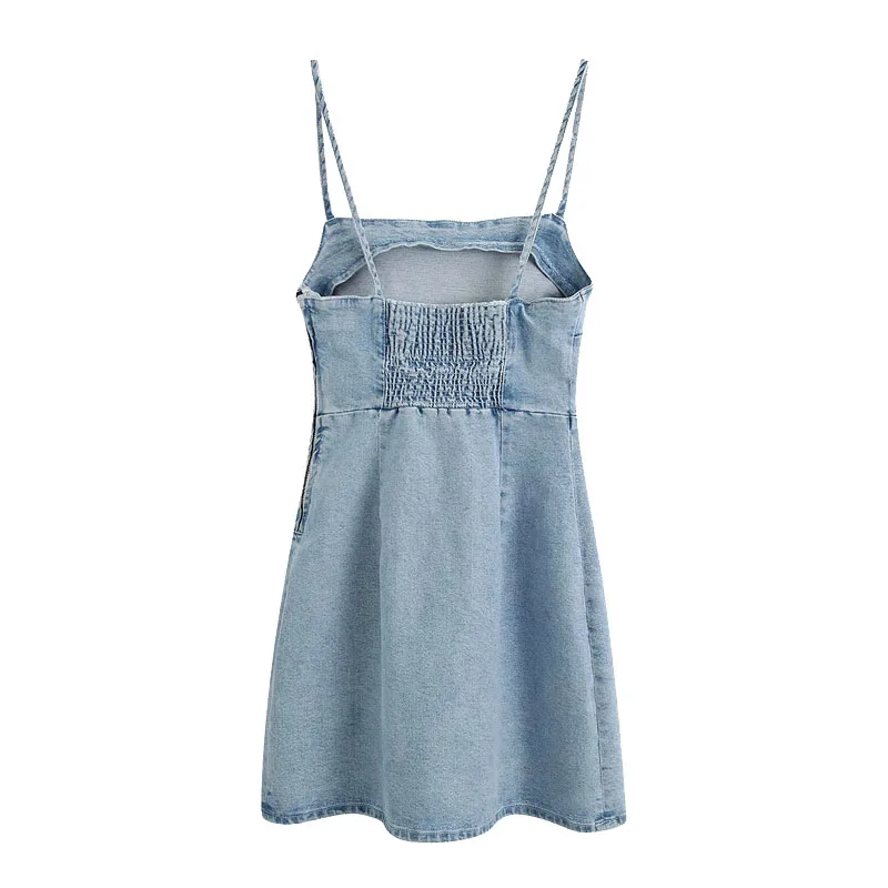 Женское джинсовое мини платье на бретельках повседневное винтажное с открытой