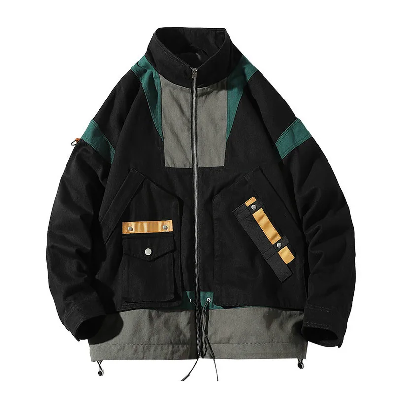 

Hip Hop Oversized Jackets Men Color Block Patchwork Coat Multi-pocket Jacket Male Harajuku Stand Collar Windbreaker Mens Tops