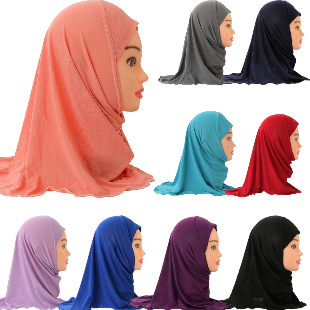 

Kids Hijab Girls Scarf Muslim One Piece AI Amira Pull On Ready Prayer Cap Head Wrap Turban Islamic Ramadan Hats Head Cover 2-6Y