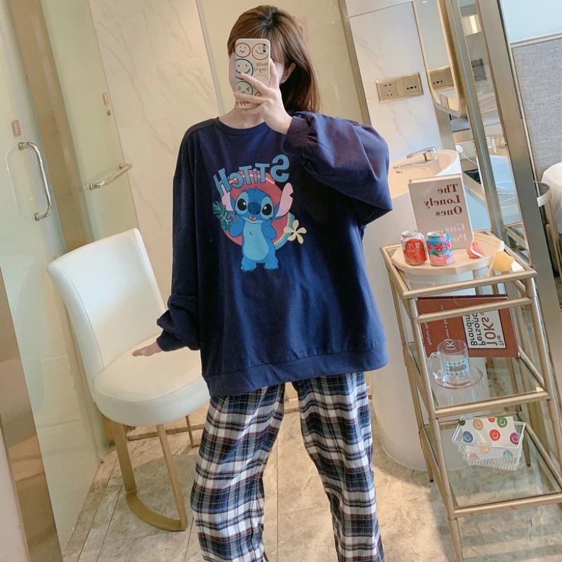 Disney Cute Stitch Pajamas for Women 2021 Autumn Winter Long Sleeve Tops and Plaid Pant Soft Homewear Pijamas Women 2 Piece Set