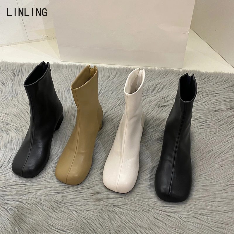 

2022 Winter Square Toe Ankle Boots Woman Zipper Leather Short Bootties Ladies Bootties Female Fashion Thick Heel Shoes
