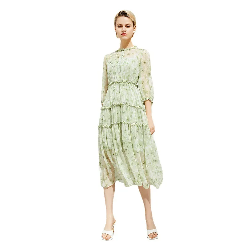 

Broken flower skirt gentle wind long heavy mulberry silk waist slim age temperament women's silk dress