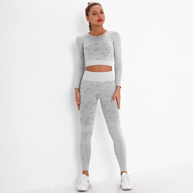 

Women Sportswear Sexy Yoga Sets Seamless Gym Workout Clothes Striped Jacquard Fitness Set Long Sleeve Top+High Waist Leggings