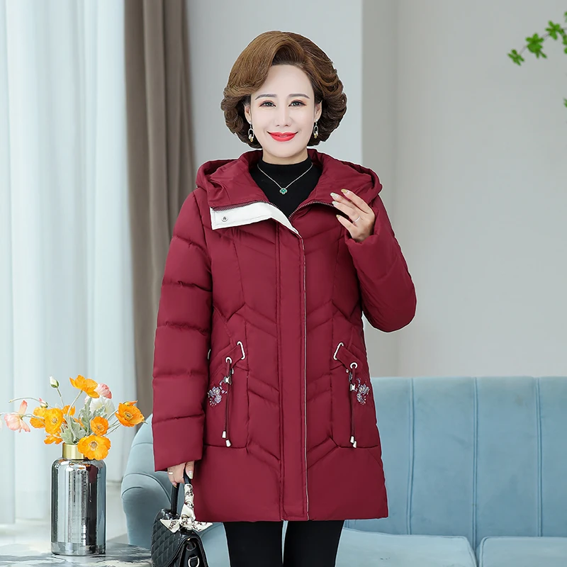 

Зимнее женское плотное теплое пуховое пальто с капюшоном, хлопковая куртка с меховым воротником 2021, хлопковая куртка с принтом бабушки среднего возраста, теплое пальто