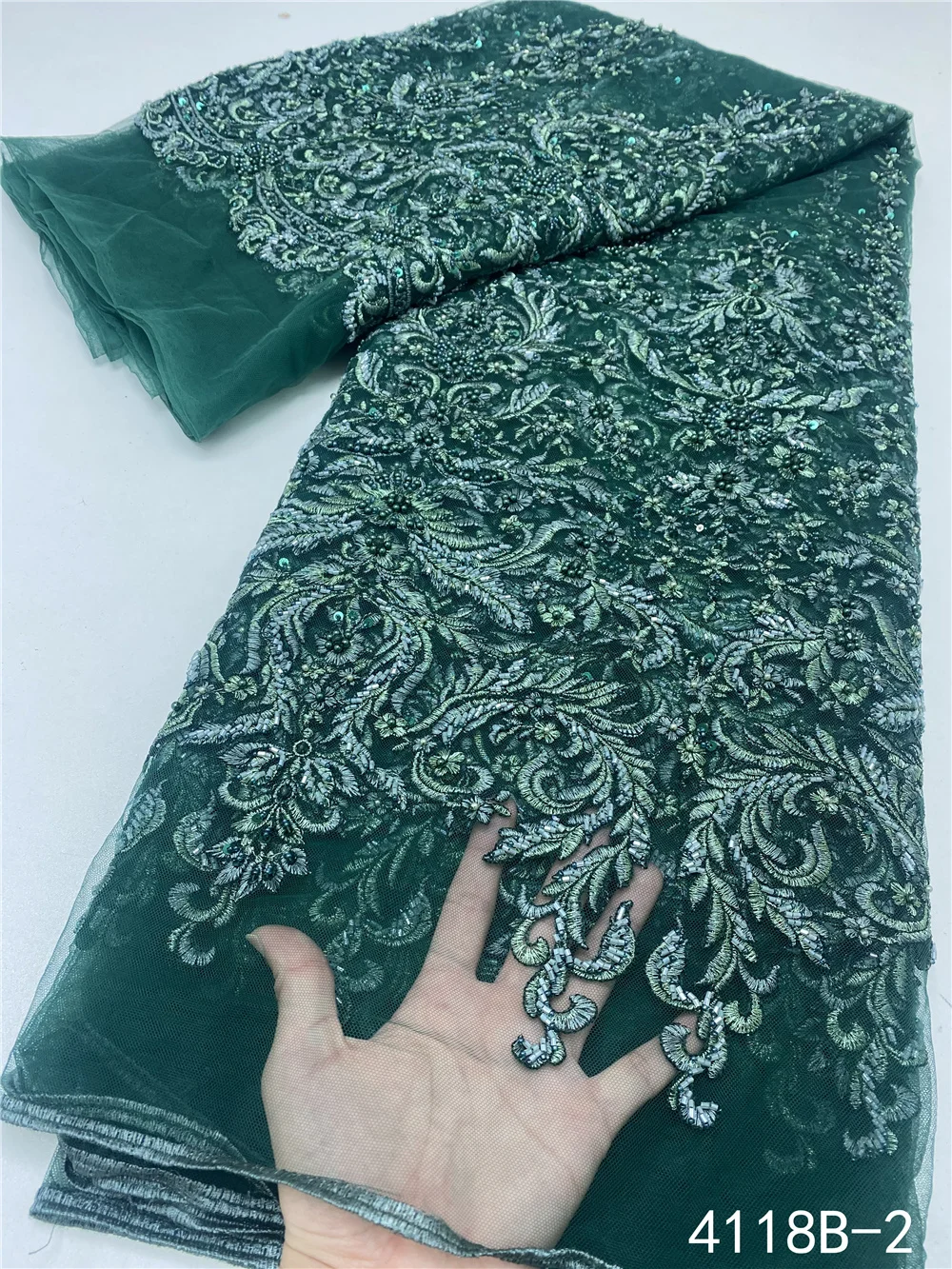 

XIYA Teal Handmade Beads Lace Embroidery African Lace Fabric High Quality French Nigerian Mesh Lace Fabrics for Sewing 4118B