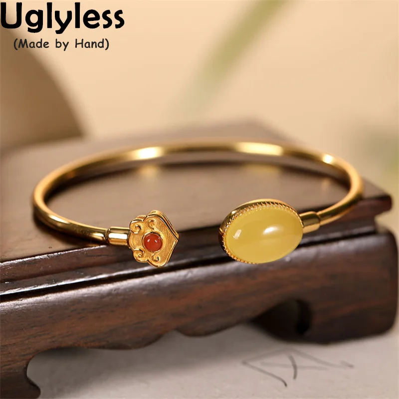 

Uglyless Glossy Gold Bangles for Women Ethnic Solid 925 Silver Natural Gemstones Bangles Chicken Oil Amber Jewelry Agate Bijoux