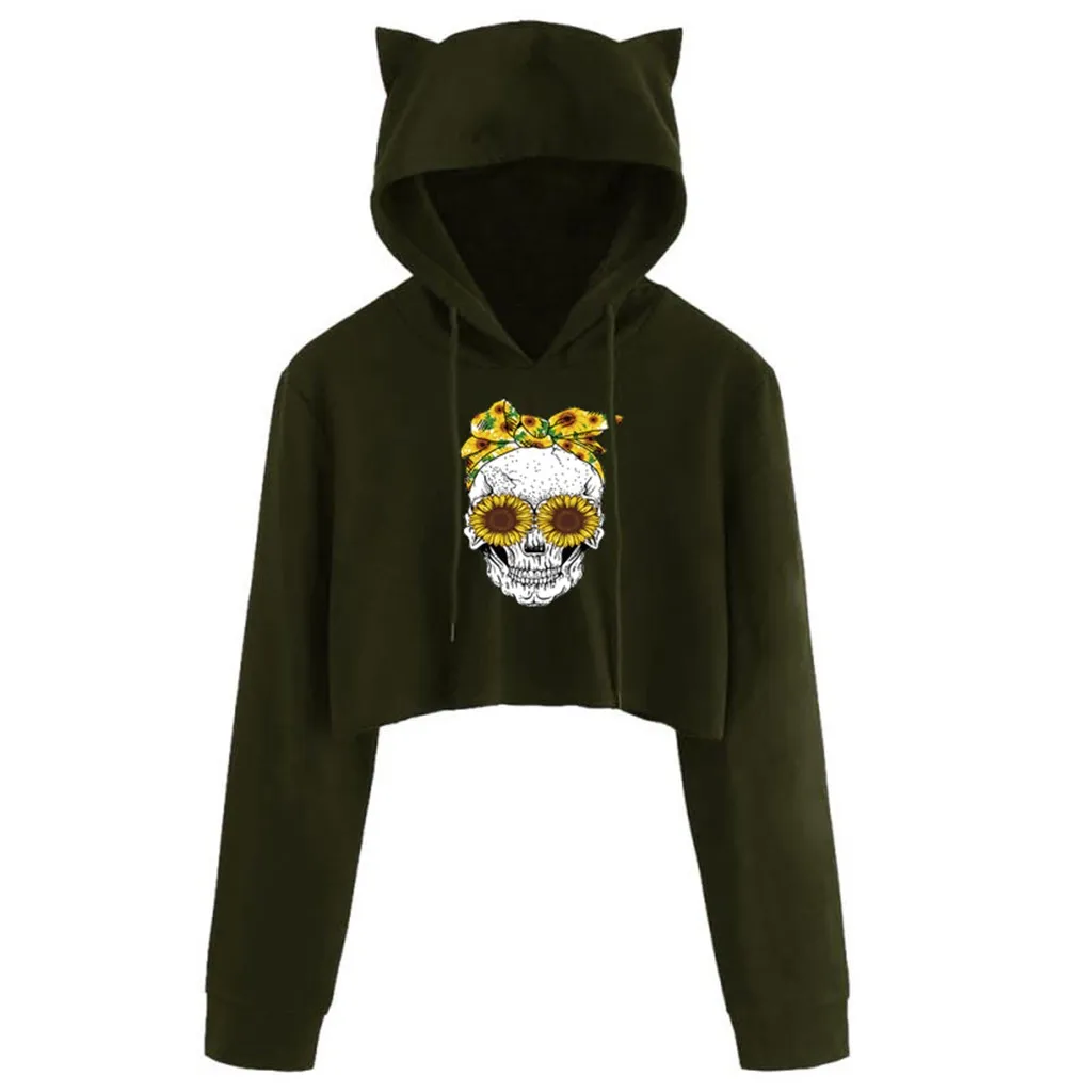 2020 Модные женские короткие толстовки с длинным рукавом и принтом черепа Пуловеры