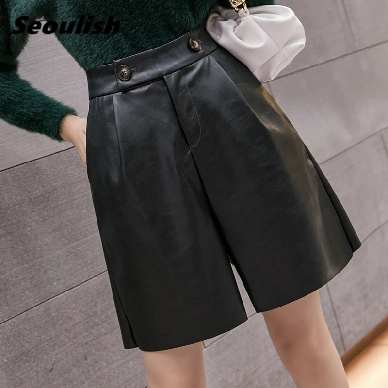 

New 2020 Autumn Winter Black PU Leather Women's Half Pants High Waist Wide Leg Pants Elegant Female Button Trousers Pocket