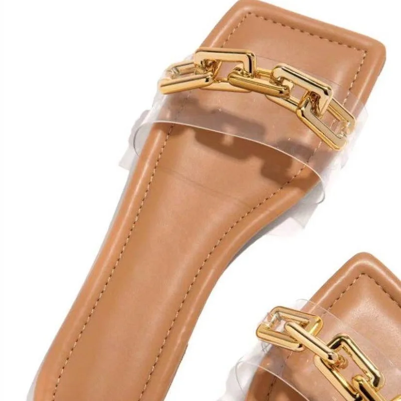 

Womens Slippers 2021 Summer Transparent Chain Luxury Square Head Flat Heel Slipper Female Outdoor Beach Shoe Comfortable Sandals