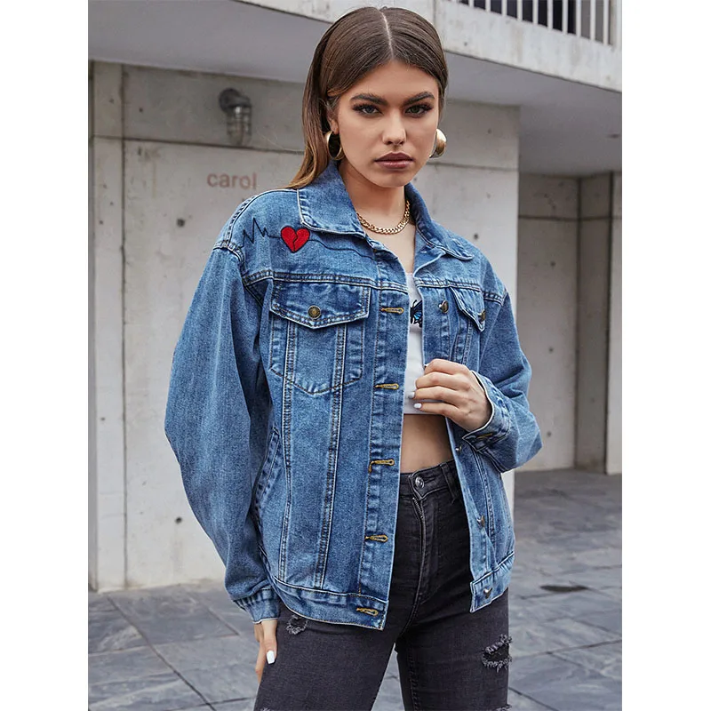

Женская джинсовая куртка с вышивкой Love, Повседневная однобортная приталенная джинсовая куртка с лацканами и длинным рукавом, осень 2021