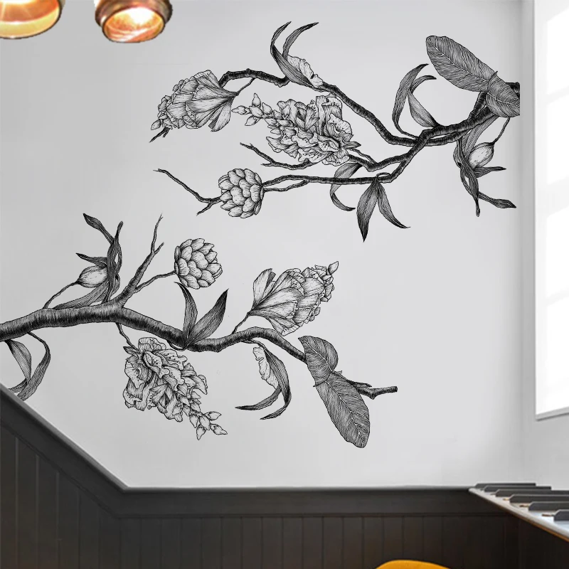 

Creative Black White Flower Wall Sticker Home Decor Living Room TV Background Poster Vintage Sketch Sticker Art Wall Decal Decor