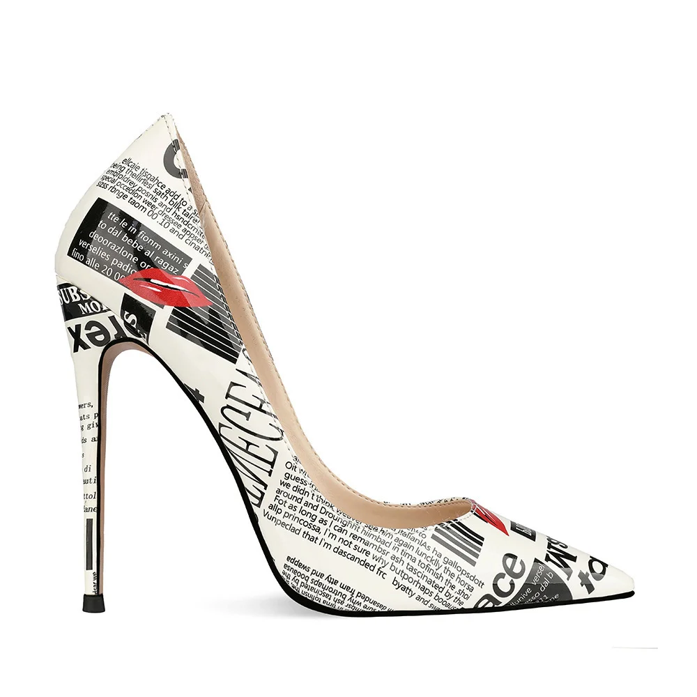 

12cm graffiti fashion high heels women's thin heel pointed women's shoes show single shoes large size wedding shoes