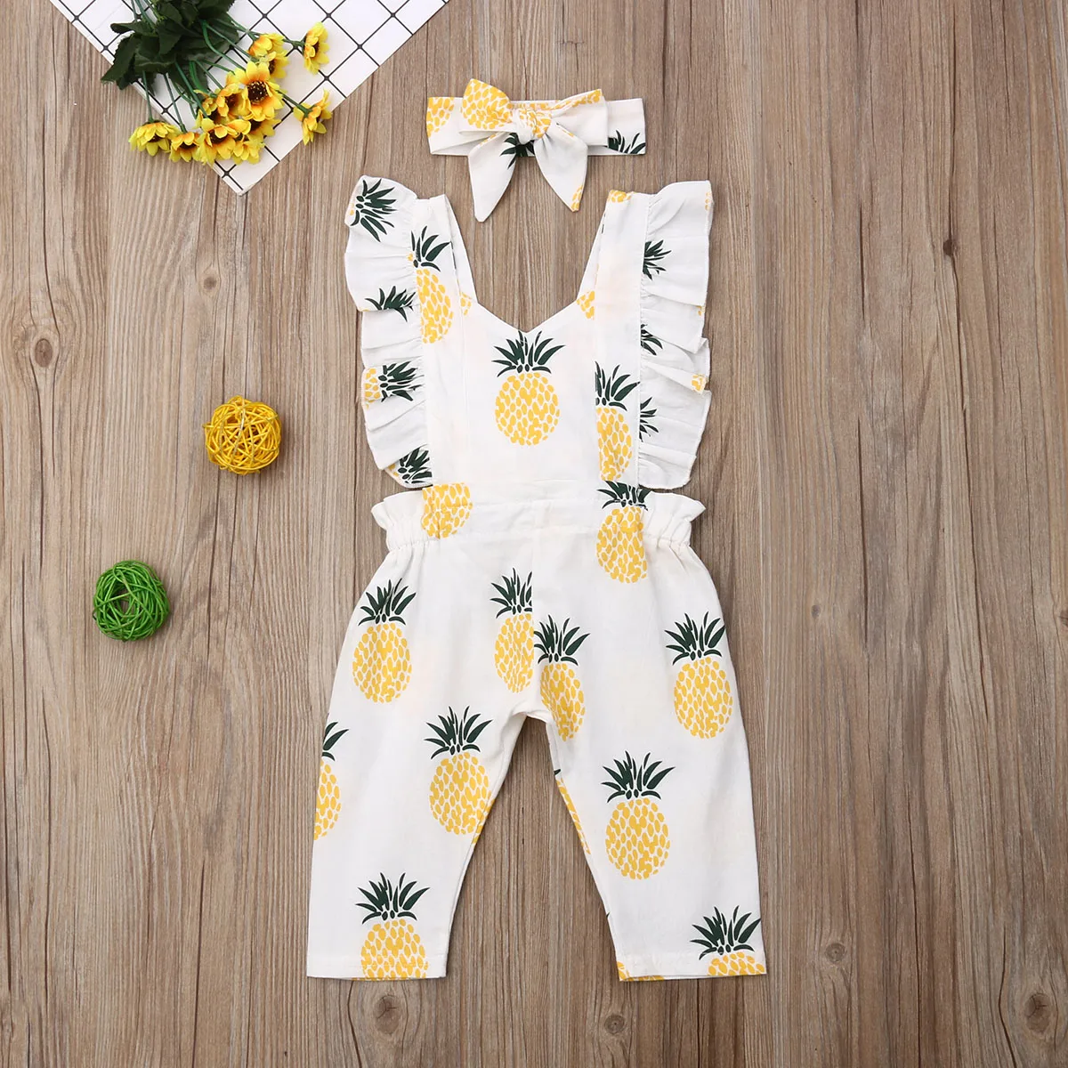 

Emmababy Newborn Baby Girl Clothes Sleevless Ruffle Pineapple Print Romper Jumpsuit Headband 2Pcs Outfits Baby Summer Clothing