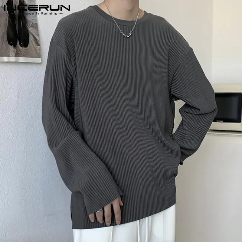 

Футболка INCERUN мужская с круглым вырезом, свободная повседневная модная рубашка с длинным рукавом, в складку, в Корейском стиле, осень 2021