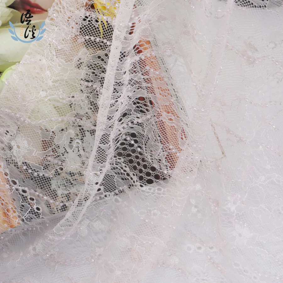 5 ярдов розовое платье Кружева гвоздь бисера бусины в виде риса Вышивка Ткань