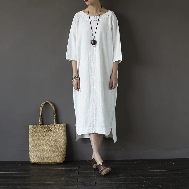 Johnature женские платья хлопок лето 2020 новинка рукав три четверти Круглый ворот