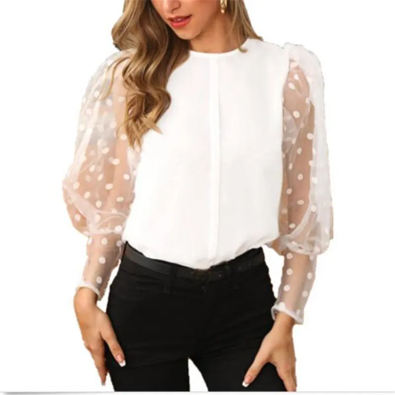 Модные женские блузки новые сексуальные сетчатые рубашки в горошек с длинными