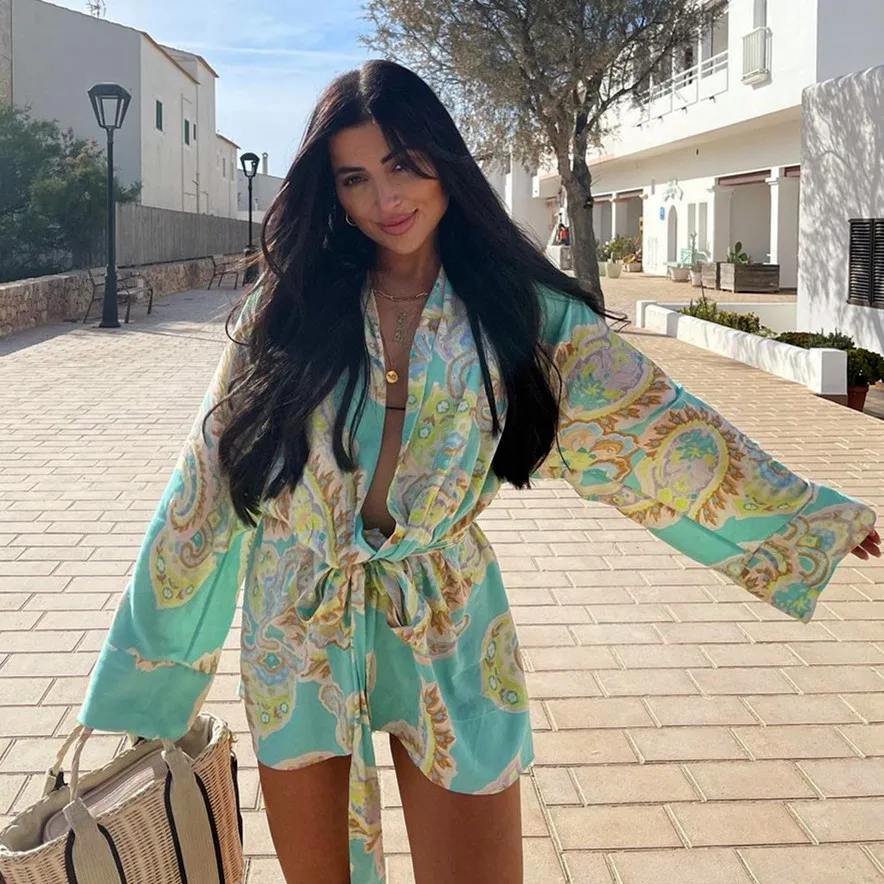

Fashion Floral Printed Women Long Wrap Blouse With Bowknot High Waist New Spring Summer Kimono Beach Holiday Chic Shirt