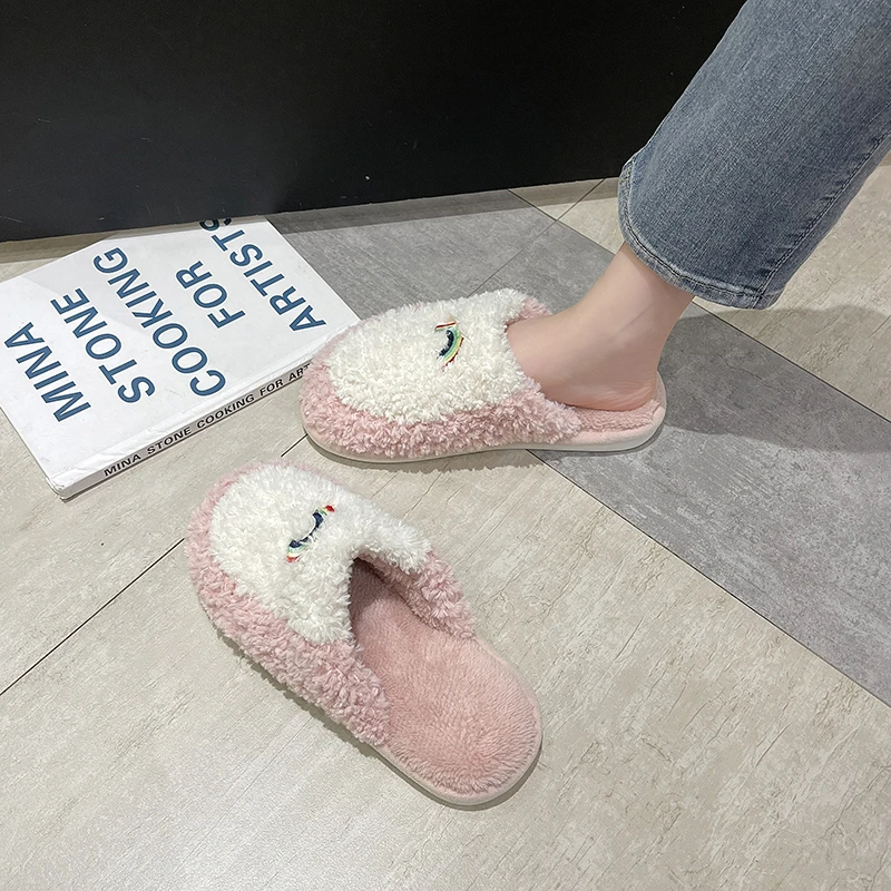 

2022 women's fluffy fur slippers rainbow floor slippers short plush fleece flat shoes couple shoes ladies indoor slippers