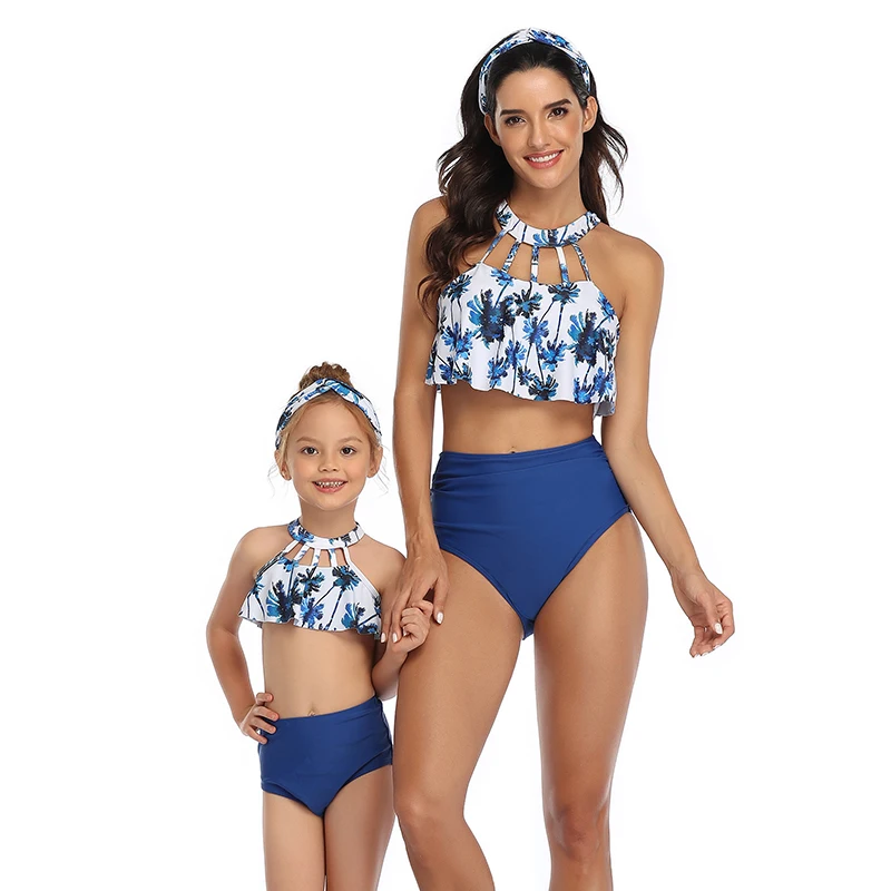 

2020 ROSIELARS Family Matching Swimsuit Women and Girls High Waist Frills Balls Two Piece Swimwear Bathing Bikini Beachwear