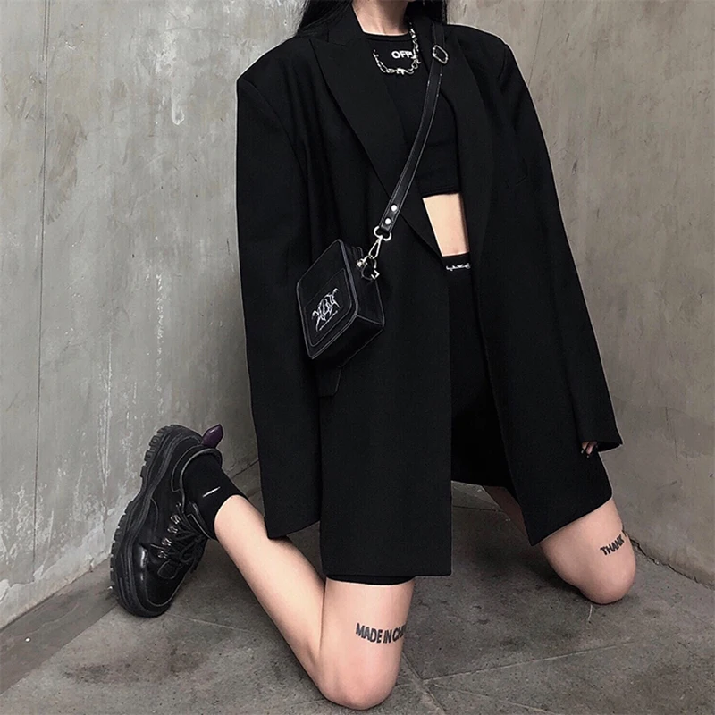 

SHENGPALAE Temperament Black Blazer Women's Spring Autumn 2021 New Notched Large Size Double Breasted Long Sleeve Suit Coat