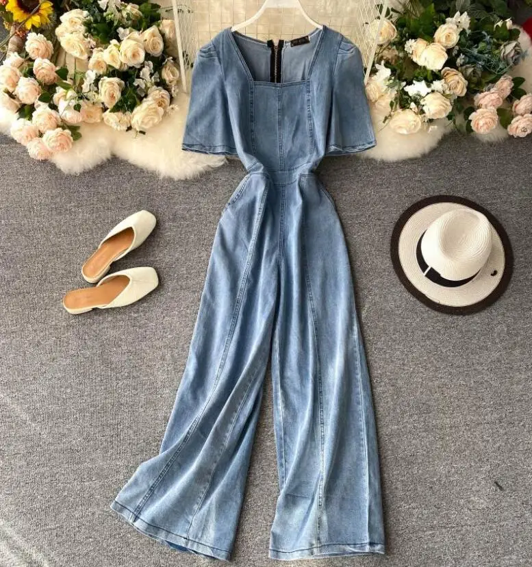 

Women's spring summer high waist square collar denim jumpsuit female wide leg jean pants overall TB292