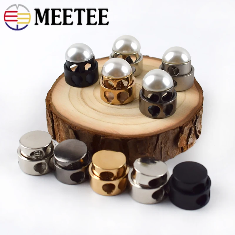 

Meetee 30pcs Metal Pearl Double Hole Stopper Buckles Spring Elastic Adjustment Cord Lock DIY Hat Cord End Decor Button DS010