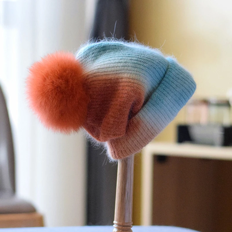 Woman Real Fox Fur Ball Hats Rabbit Fur Winter Hat Cap For Women Warm Fur Pom Poms Ski Hat Two Color Stitching Beanies Hat