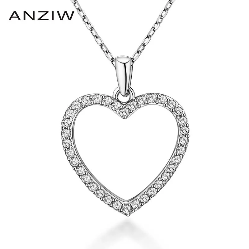 

ANZIW Luxury 925 Sterling Silver Pendant Necklace for Women Hollow Heart Lovely Long Chain Necklace Wedding Silver Jewelry