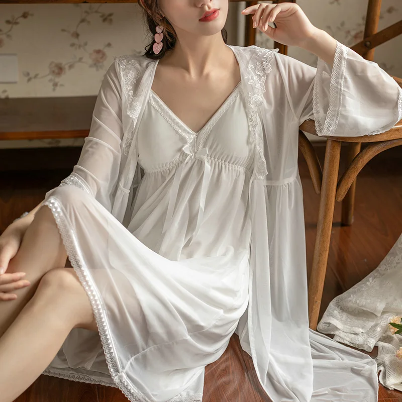 

Комплект женский из 2 предметов, кружевная ночная сорочка на бретельках, пикантная сетчатая ночная рубашка, пижама с бюстгальтером, халат, д...