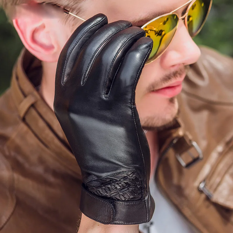 

Real Leather Gloves Male Short Winter Warm Motorcycle Leather Driving Classic Black Sheepskin Man Gloves NM788