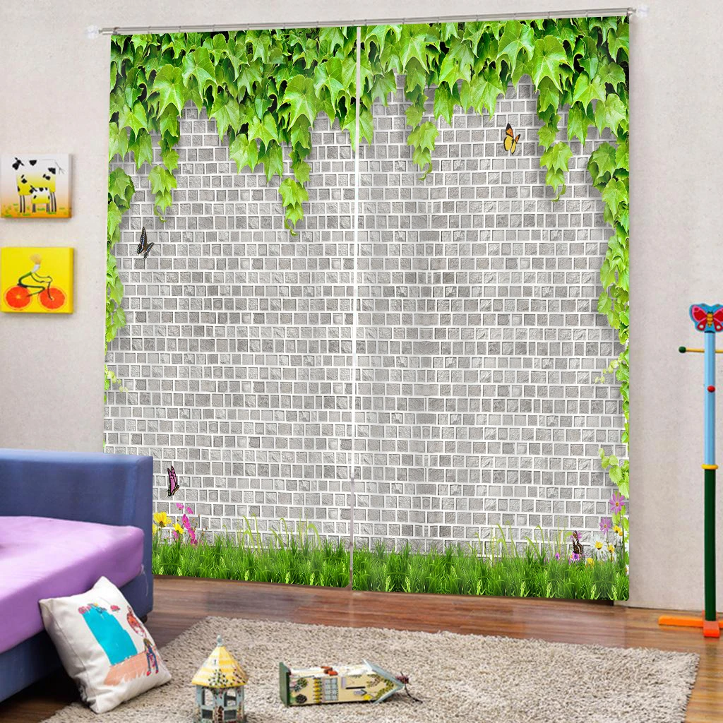 Винтажные шторы с зелеными листьями занавески рисунком кирпичной стены в