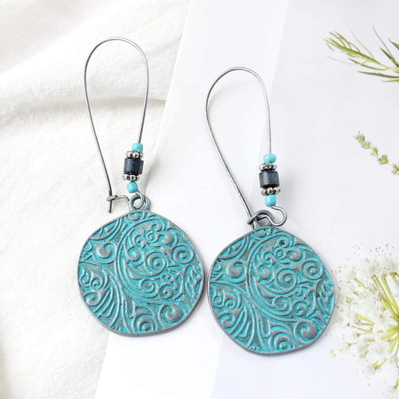 Сине зеленые ретро серьги китайские круглые резные капли Ювелирные изделия