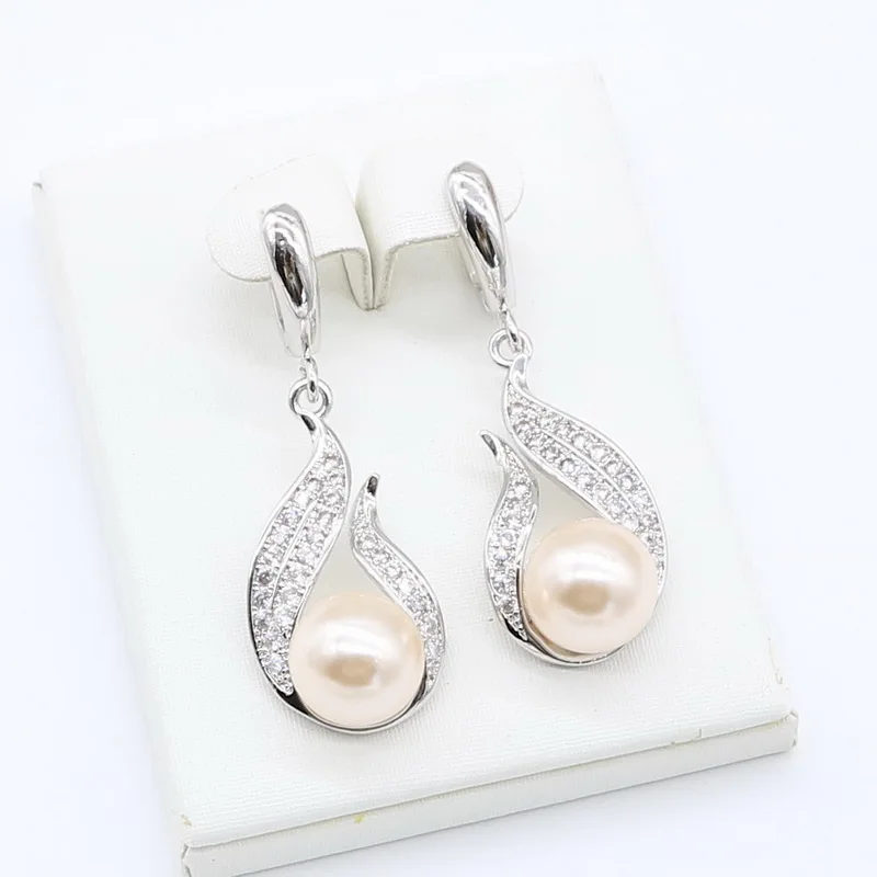 Розовый жемчуг 925 серебряные ювелирные наборы для женщин белый цирконий браслет