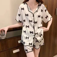 ladies pajamas casual and comfortable loose tracksuit short sleeve shorts ice silk pajamas summer new style v neck polyester