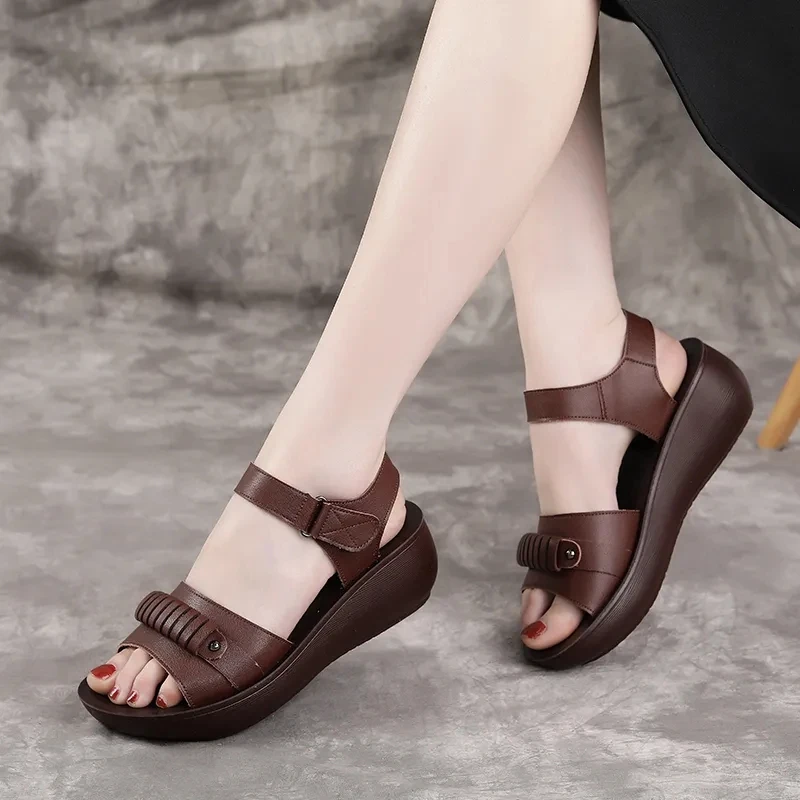 Женские босоножки из натуральной кожи коричневые винтажные сандалии гладиаторы