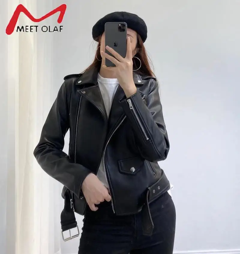 Весна-Осень 2020 Женская куртка из искусственной кожи с поясом белая черная на
