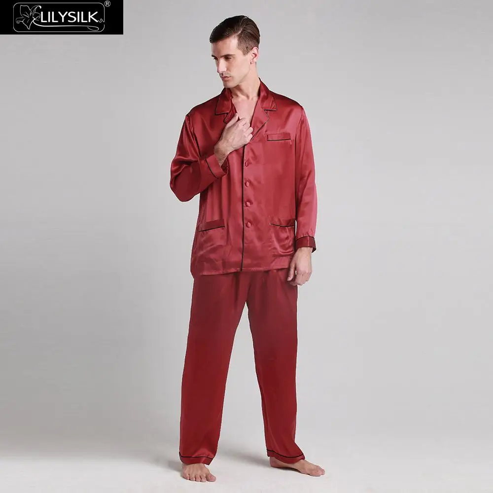 Claret LilySilk пижама мужская шелковые набор белье костюм домашняя одежда для мужчин с контрастной отделкой 22 Momme - Цвет: Claret