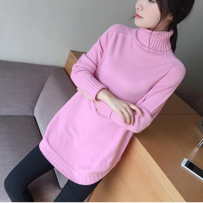 

#6349 Autumn Winter Long Sweater Women Turtleneck Pullovers Solid Side Split Sweaters Ladies Loose Knitted Cotton Turtleneck