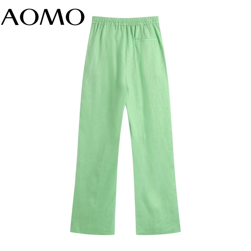 

AOMO Women 2021 Fashion Side Pockets Green Linen Wide Leg Pants Vintage High Elastic Waist Drawstring Female Trousers BE125A