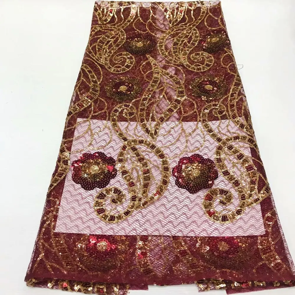 

Burgundy Sequined Embroidered Mesh Tulle Lace Fabrics African NIgerian Women Wedding Bride Dress Sewing Net Lace Material
