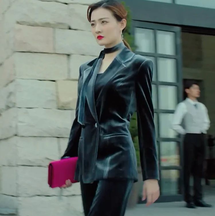 Spring and autumn women's new temperament high quality Solid color gold velvet blazer trousers business casual OL two-piece suit | Женская