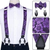 hi tie silk adult mens bow tie and suspenders set leather metal 6 clips braces purple floral elastic wedding suspender set