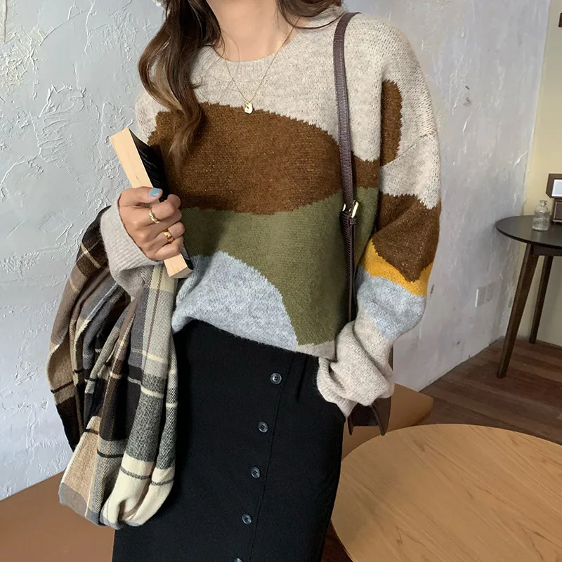 

Осенне-зимний вязаный пуловер, свитер 2020, женские топы, универсальные геометрические узоры, обычный Повседневный стиль, акриловый материал