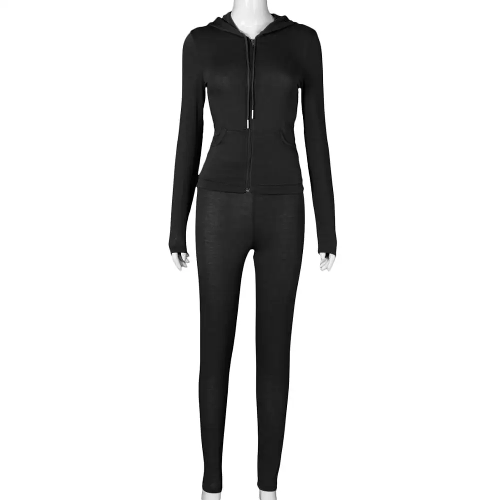 

Casual Sporty Hooded Zipper Women Matching Set Long Sleeve Fashion Workout Tracksuits Skinny Top And Pants Co-ord