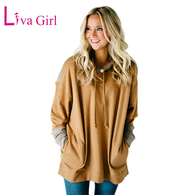 

Толстовки LIVA GIRL для женщин, большие размеры, вязаная вафельная кофта с карманами, дамские толстовки оверсайз с длинным рукавом и ремешками